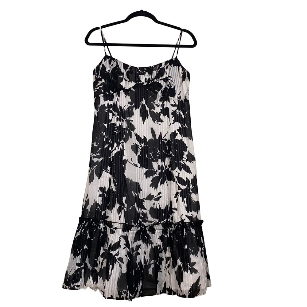 Ann Taylor LOFT Floral Cotton Midi Dress Black White Pleated Tiered Size 8 NWT
